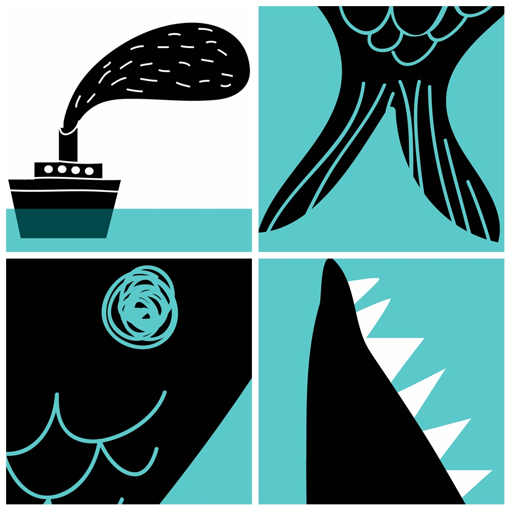 1000x1000 Modern Nordic Minimalist Cartoon Fish Boat Sea A4 Large Art Print