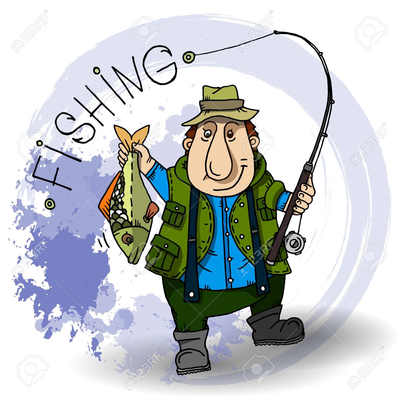 1300x1300 Fisherman Cartoon Character With Fishing Rod And Fish. Royalty
