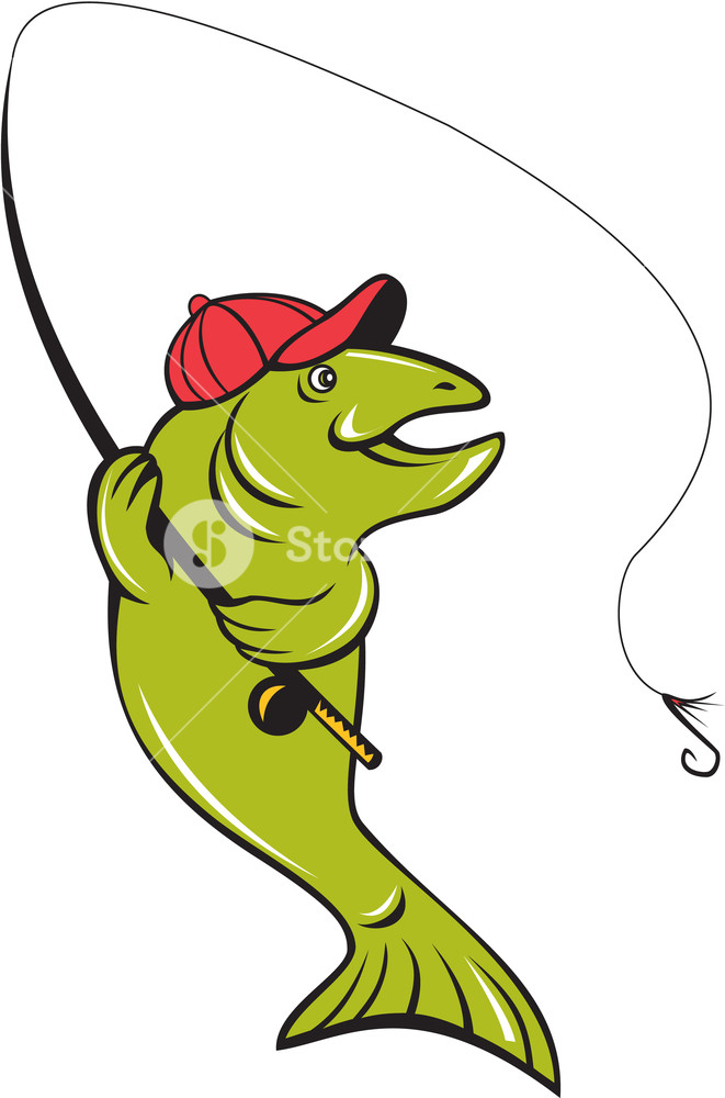 661x1000 Illustration Of A Trout Rainbow Fish Holding Fishing Rod Reel