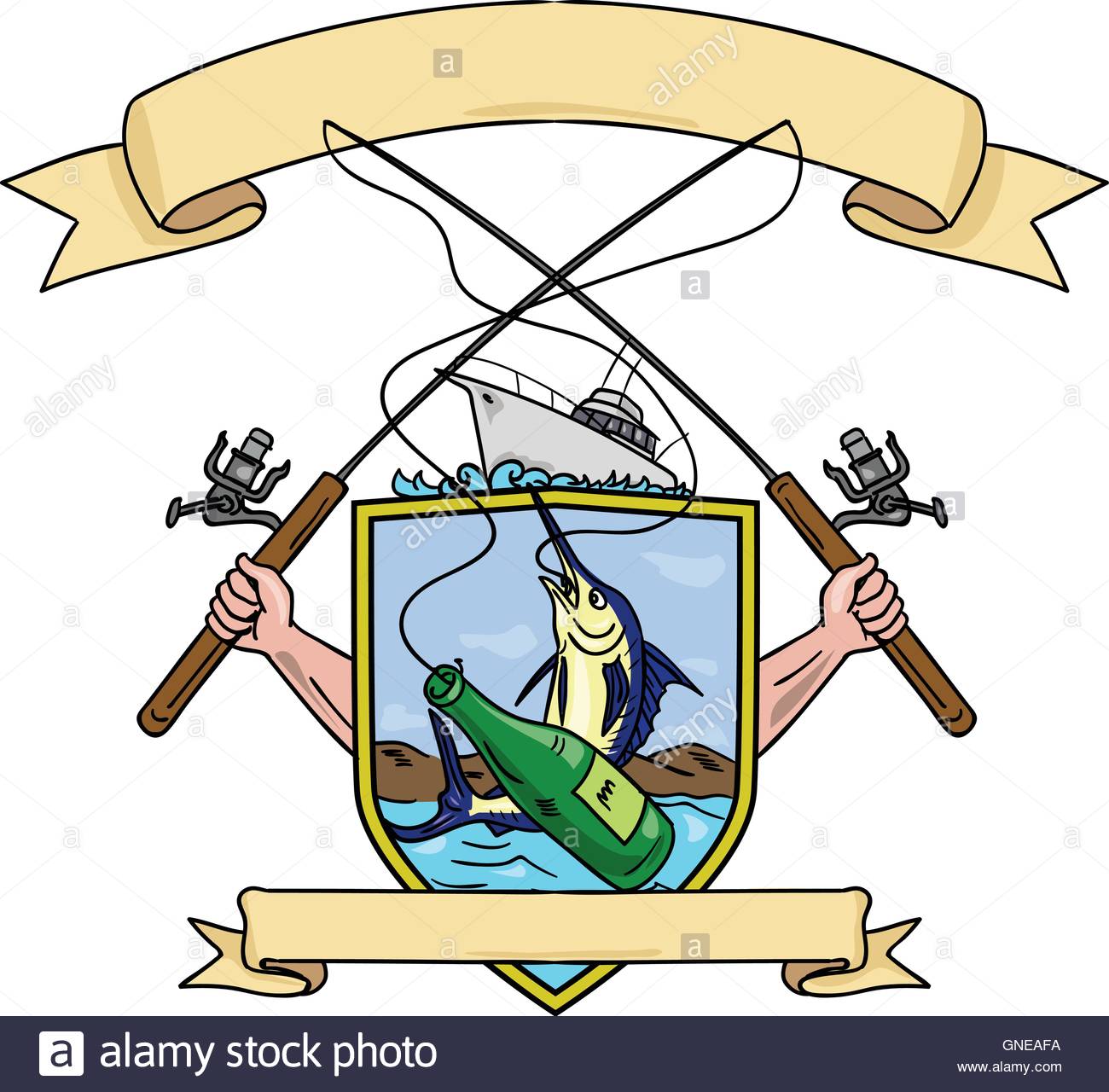 1300x1280 Fishing Rod Reel Blue Marlin Fish Beer Bottle Coat Of Arms Drawing