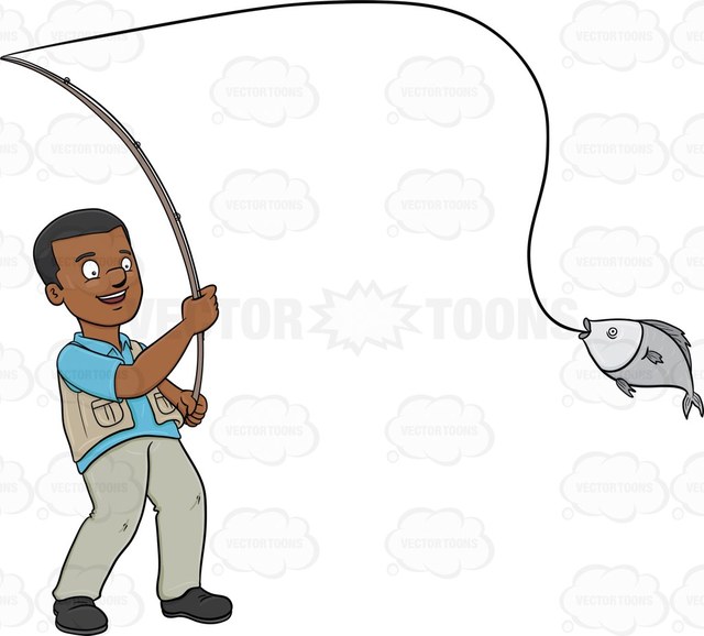640x578 A Black Man Delightfully Catches A Fish With A Rod Cartoon Clipart