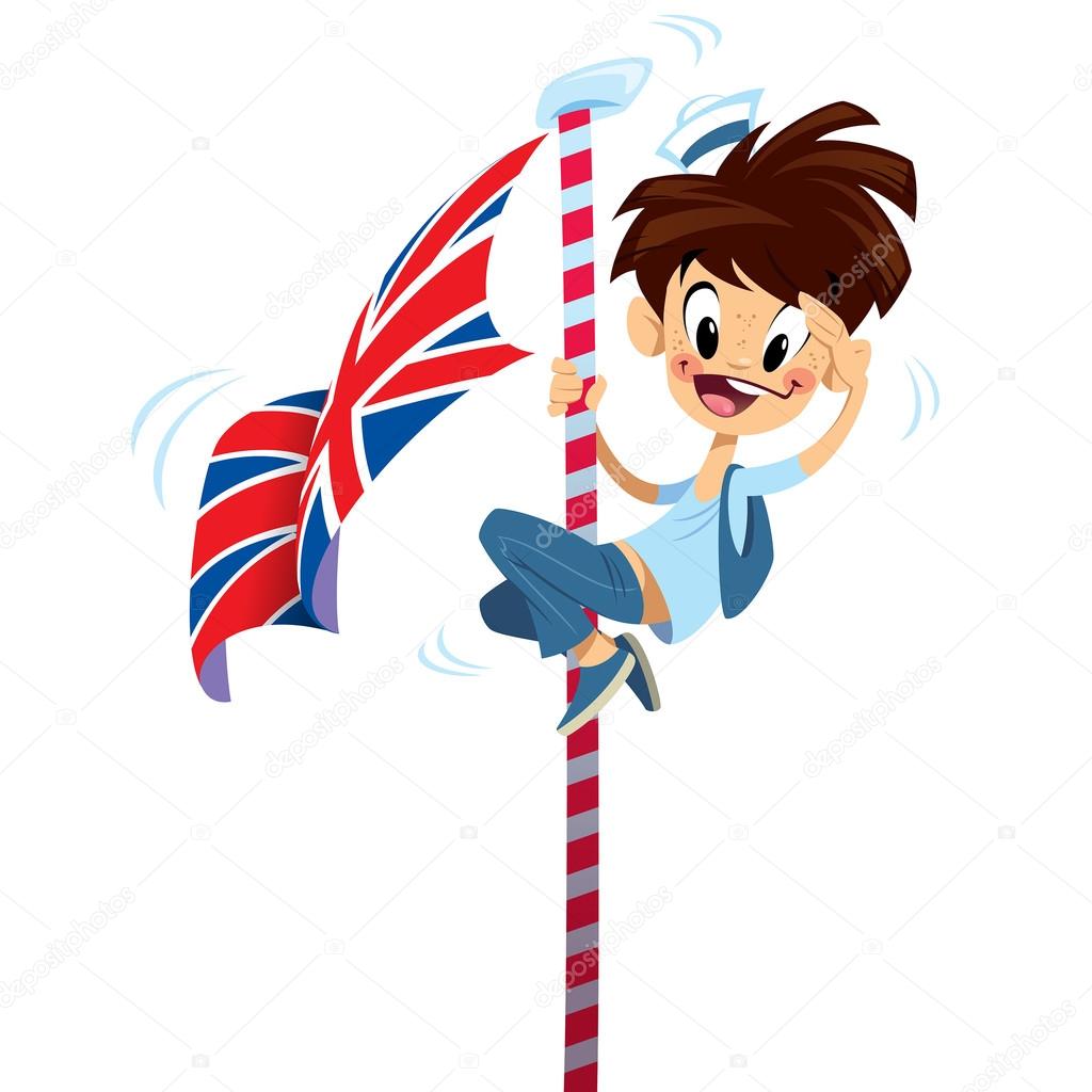 1024x1024 Cartoon Excited Happy Smiling Boy Climbing On English Flag Pole