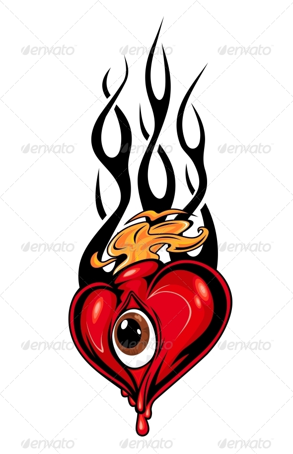 590x914 Heart Tattoo Or Mascot With Eye And Tribal Flames By Seamartini