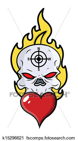 261x470 Clipart Of Skull Tattoo With Flame And Heart K15296621