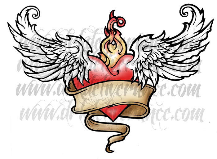 700x515 Flaming Winged Heart Tattoo Design Instant Download No