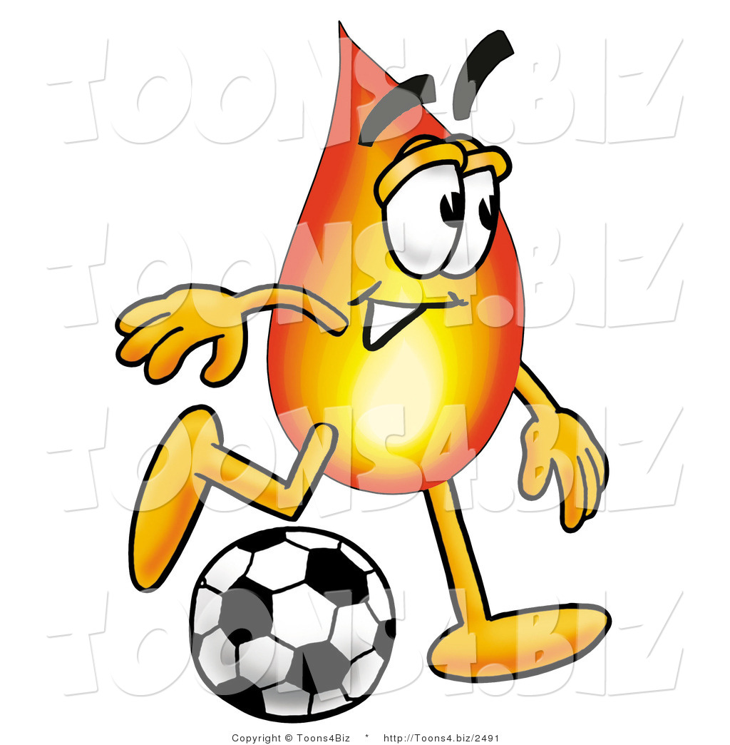 1024x1044 Illustration Of A Cartoon Fire Droplet Mascot Kicking A Soccer