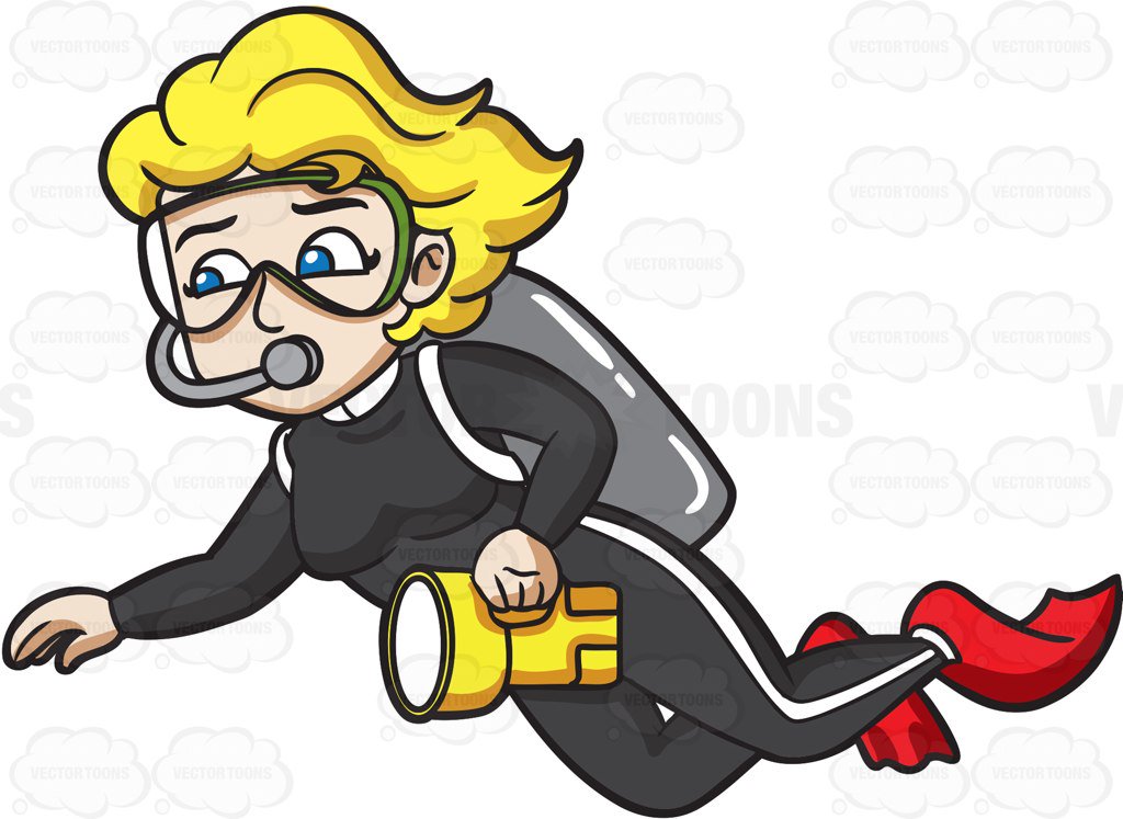 1024x747 A Female Diver Carrying A Flashlight Cartoon Clipart