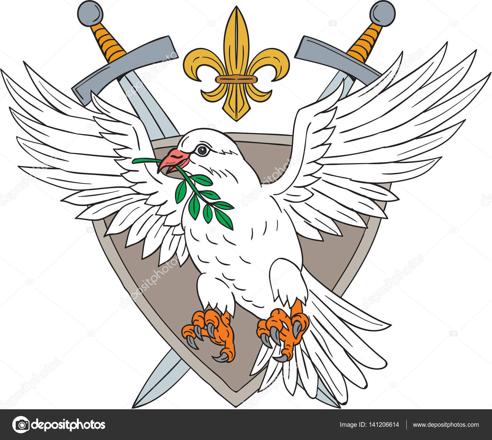 1600x1431 Dove Olive Leaf Sword Fleur De Lis Crest Drawing Stock Vector