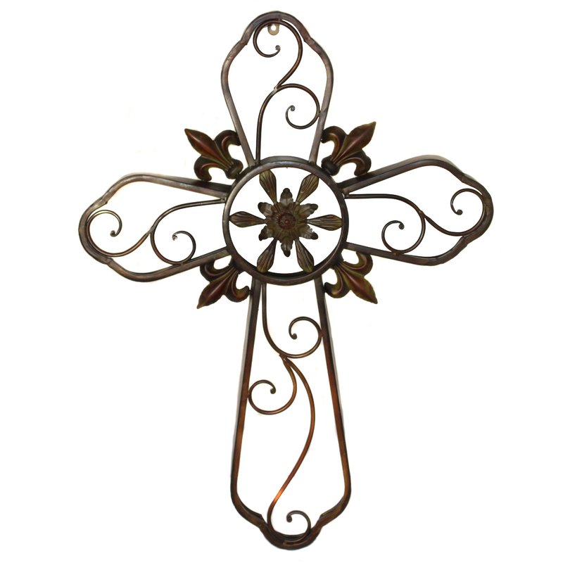 800x800 Ec World Imports Hanging Wall Cross Fleur De Lis Metal Sculpture