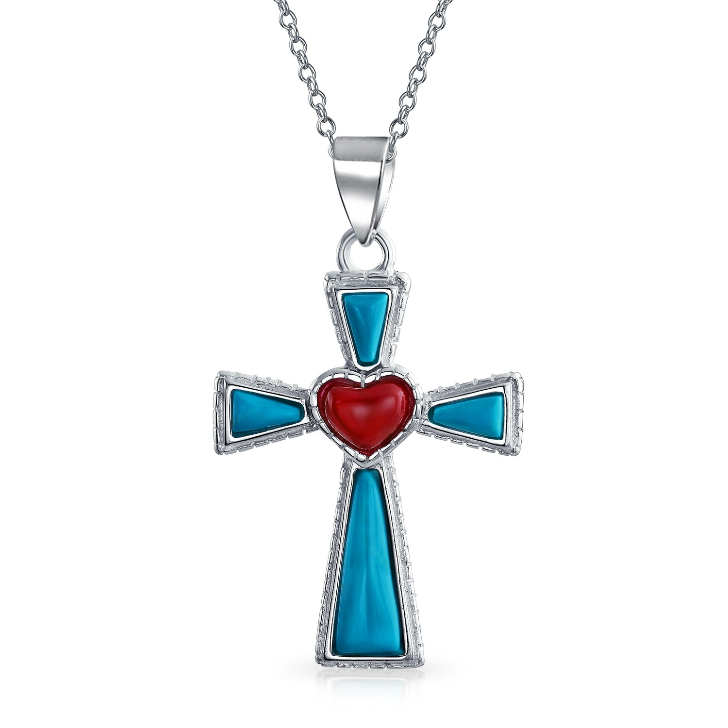 1500x1500 925 Sterling Silver Fleur De Lis Turquoise Cross Pendant Necklace