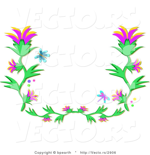600x620 Vector Of Blue Butterfly And Dragonfly Flying Over Flowering Vines