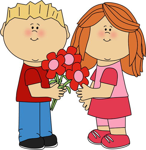 486x500 Kids With Valentine's Day Flowers Clip Art