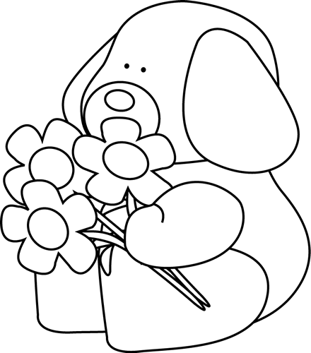440x500 Black And White Valentine's Day Dog With Flowers Clip Art