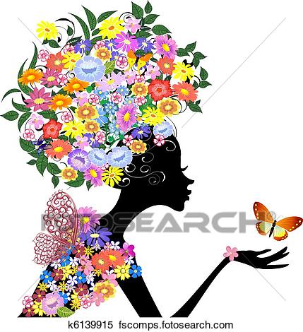 429x470 Clipart Of Flower Girl In Profile With A Butterfly K6139915