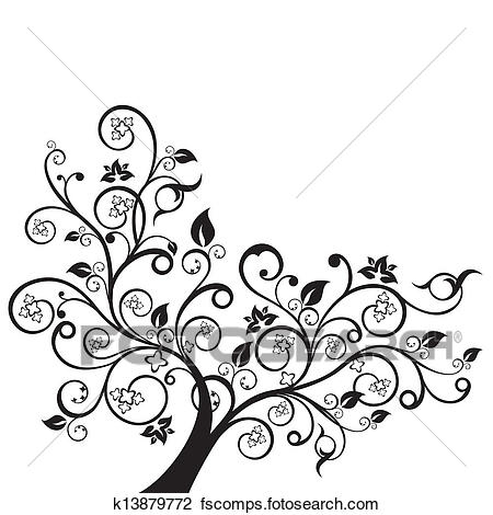 450x470 Clipart Of Flowers And Swirls Black Silhouette K13879772