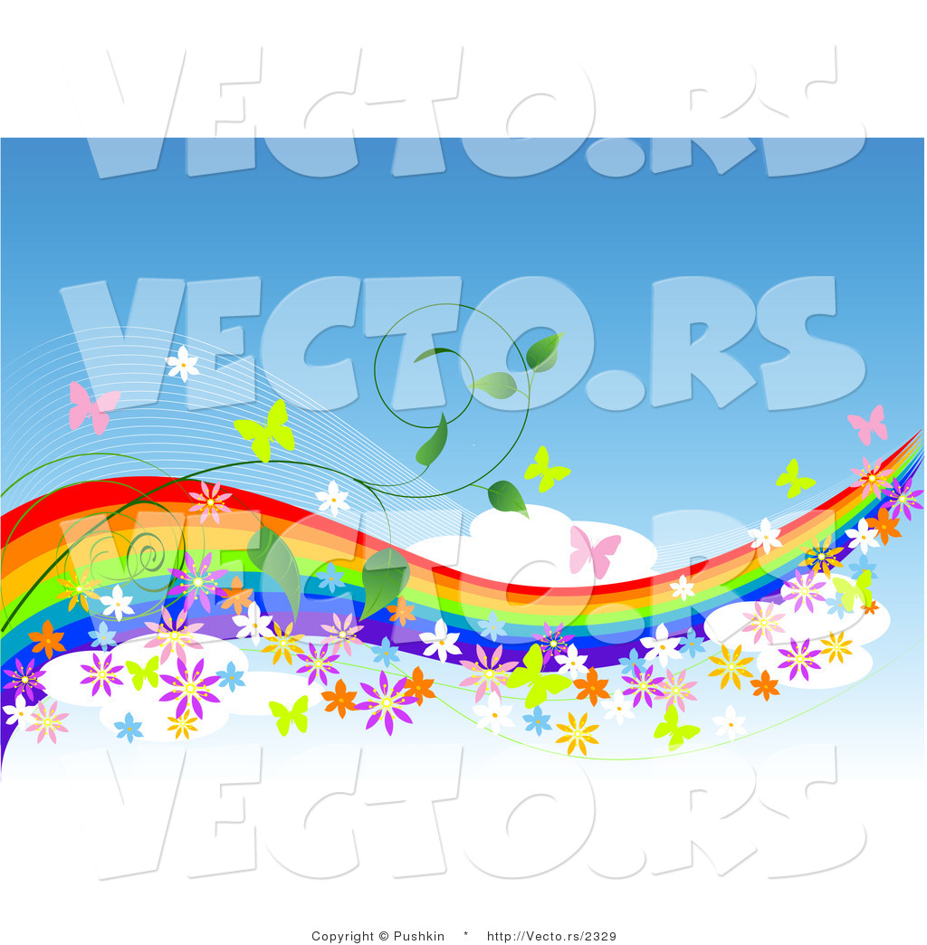 1024x1044 Vector Of Colorful Rainbow In Blue Sky With Butterflies, Flowers