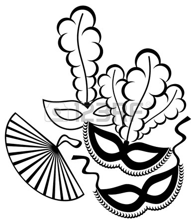 394x450 Black And White Silhouette Frame With Carnival Masks. Copy Space