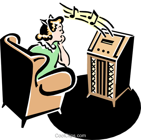 480x474 50's Style Radio With Teenager Listening Royalty Free Vector Clip