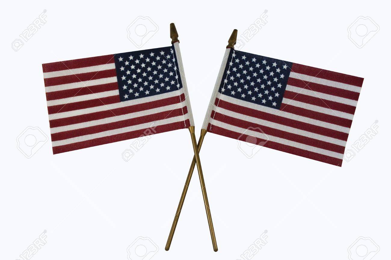 1300x866 Two Crossed American Flags With Poles Stock Photo, Picture