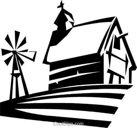 480x448 Barn And Windmill Beside A Field Royalty Free Vector Clip Art