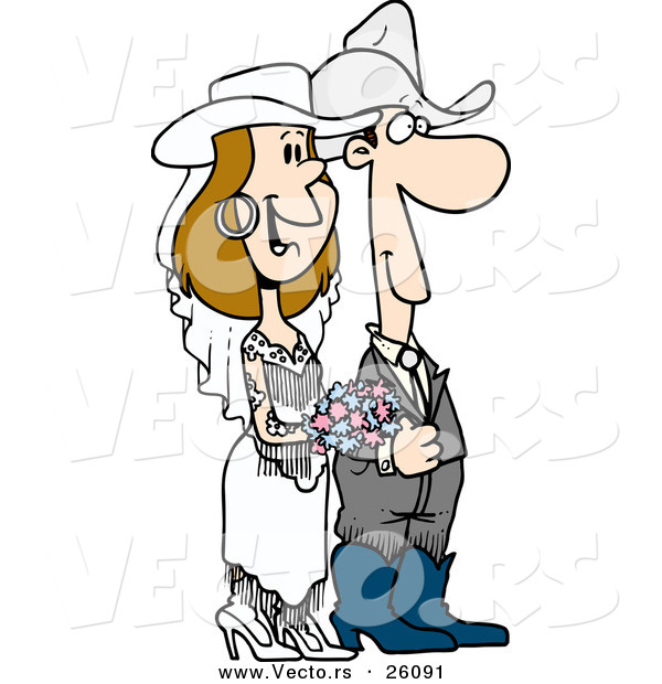 600x620 Vector Of A Cartoon Western Cowboy Bride And Cowgirl Groom During