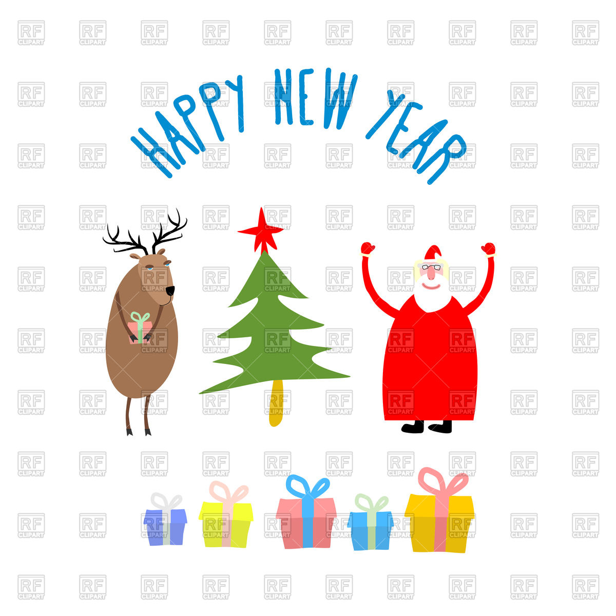 1200x1200 Happy New Year, Christmas Tree, Santa Claus, Deer And Gifts