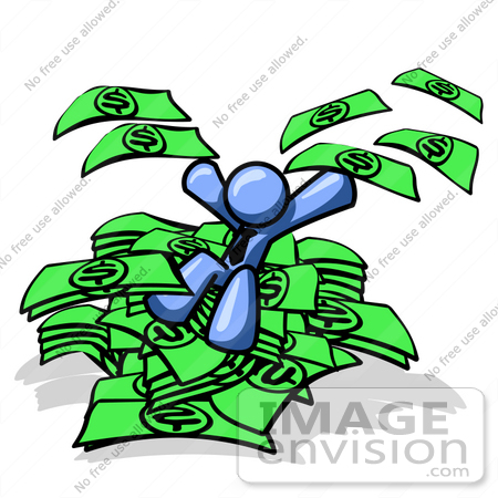 450x450 Clip Art Graphic Of A Blue Guy Character On A Pile Of Cash