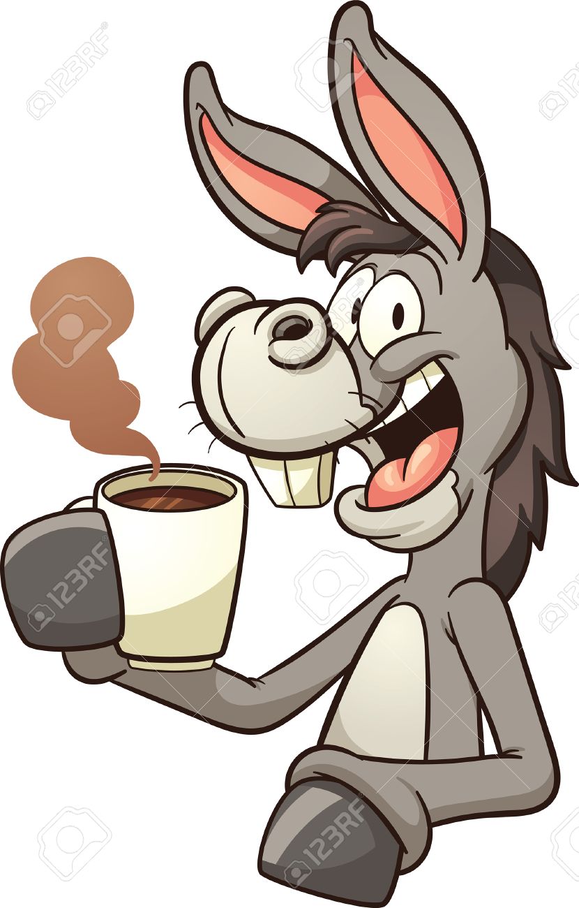 830x1300 Cartoon Donkey Drinking Coffee. Vector Clip Art Illustration