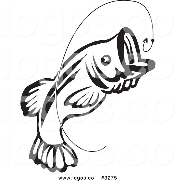 600x620 Royalty Free Vector Of A Jumping Black And White Fish And Hook