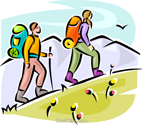 480x419 Hikers Walking Up Hill Royalty Free Vector Clip Art Illustration