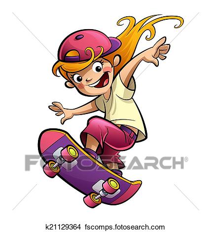 428x470 Drawings Of Cartoon Happy Smiling Kid Girl With Skateboard