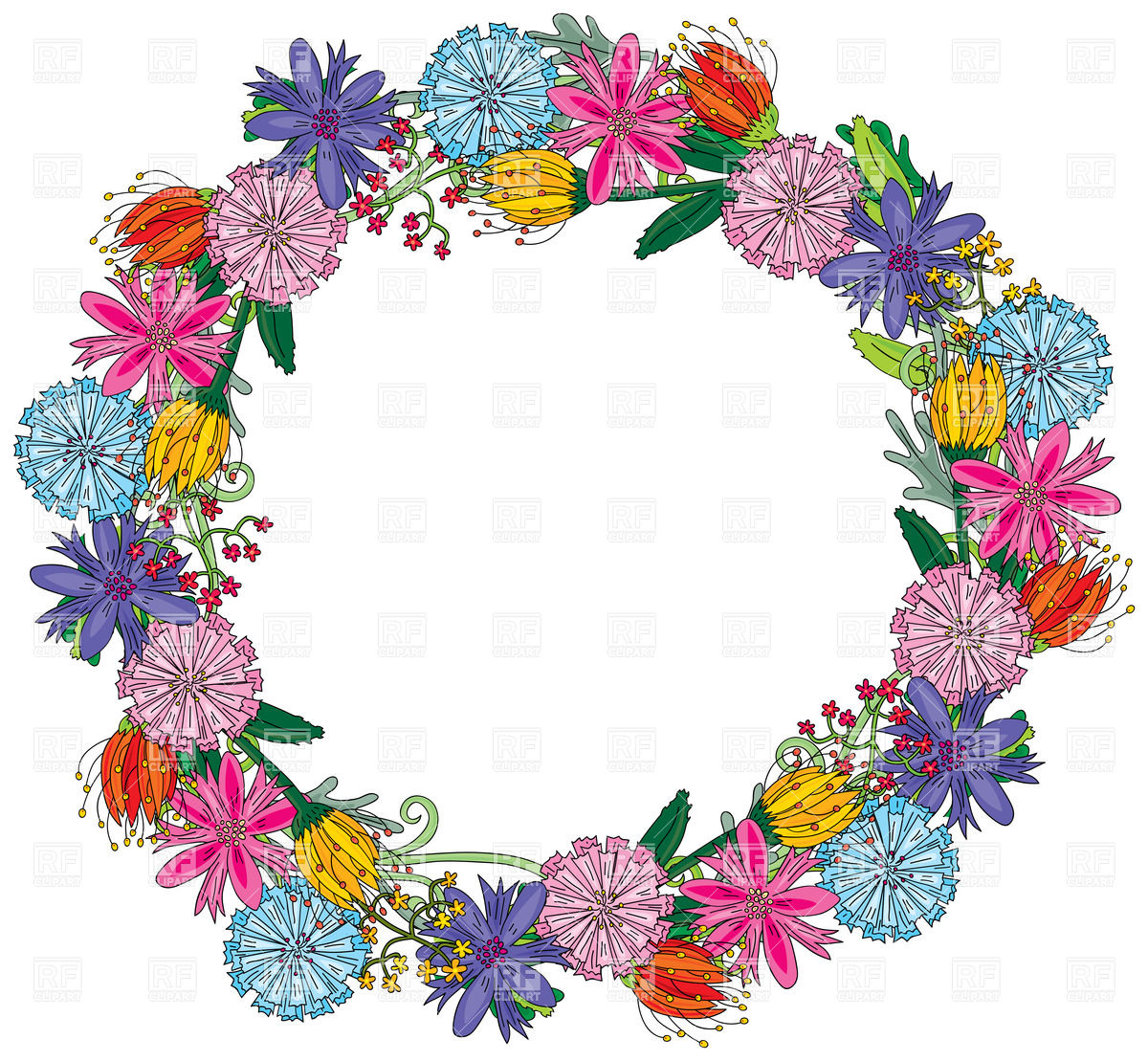 1200x1109 Wreath Made Of Colorful Different Flowers Royalty Free Vector Clip