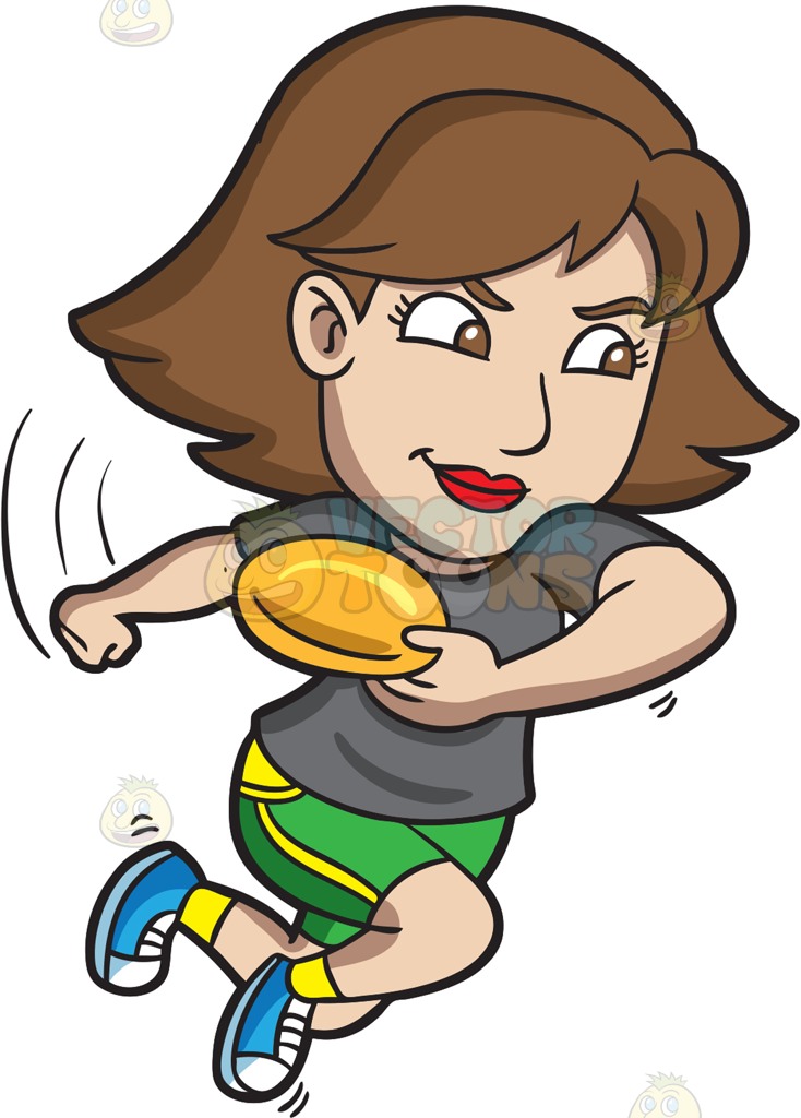 734x1024 A Competitive Woman Aims To Throw A Frisbee Cartoon Clipart