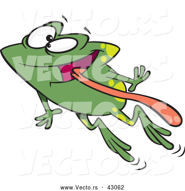 600x620 Vector Of A Happy Cartoon Green Frog Jumping High With His Tongue