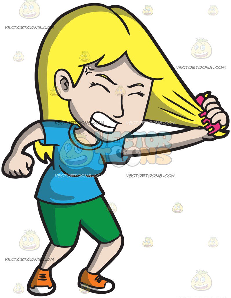 797x1024 A Frustrated Woman Pulling Her Hair With A Comb Cartoon Clipart