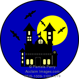 300x300 Art Illustration Of A Cartoon Haunted House With Bats And A Full Moon