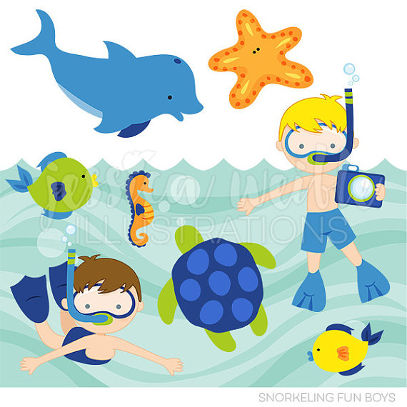 570x570 Snorkeling Fun Boys Cute Digital Clipart, Commercial Use Clip Art