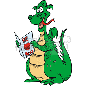 300x300 Royalty Free Funny Cartoon Green Dragon Reading A Valentines Card
