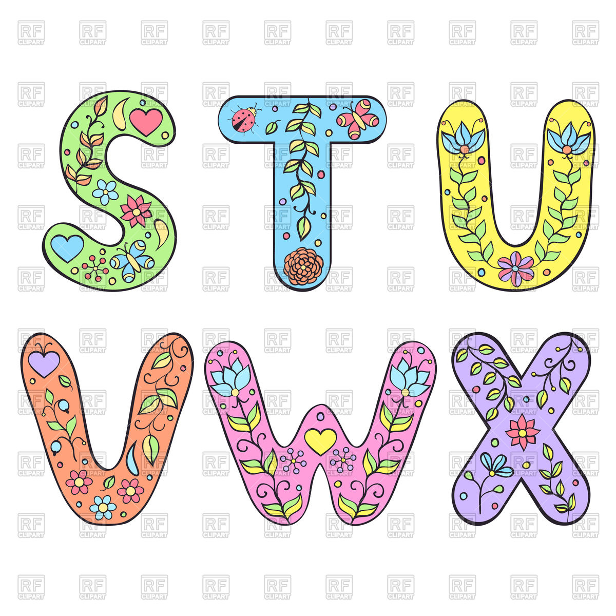 1200x1200 Funny Hand Drawn Letters S, T, U, V, W, X Royalty Free Vector Clip