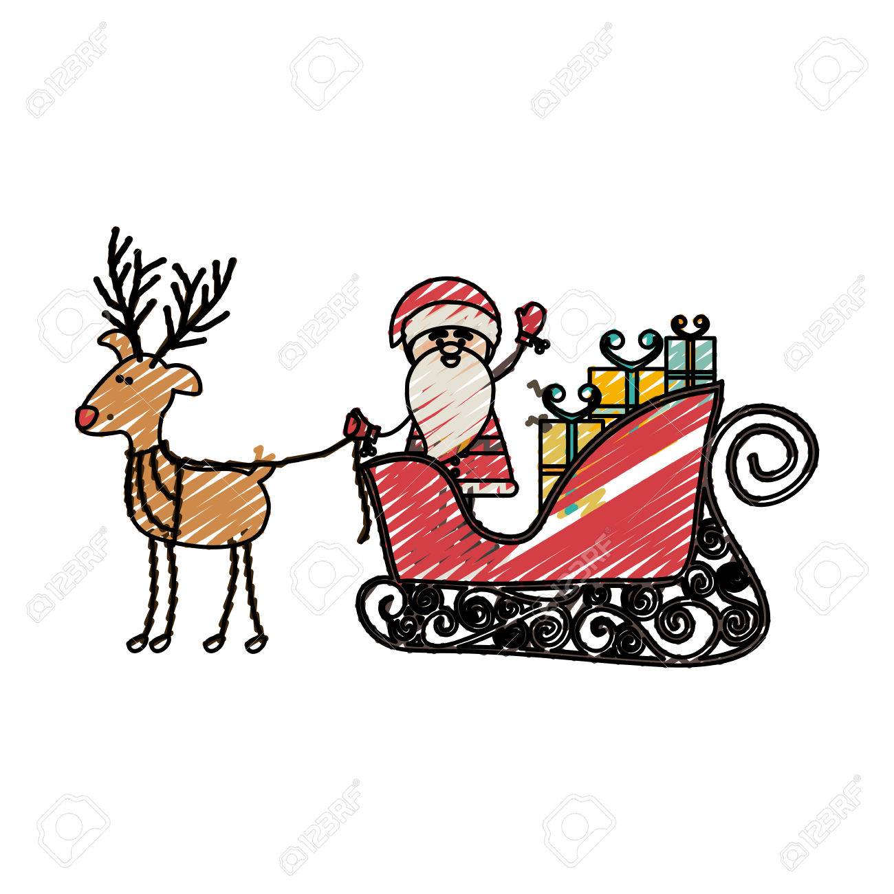 1300x1300 Color Crayon Stripe Cartoon Of Funny Reindeer With Santa Claus