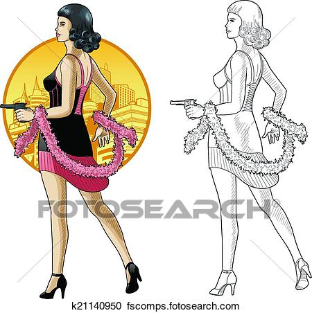 450x452 Clipart Of Retro Asian Girl In Black With A Gun K21140950