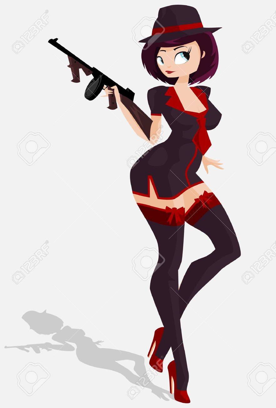 882x1300 Illustration Sexy Gangster Girl Holding Thompson Machine Gun