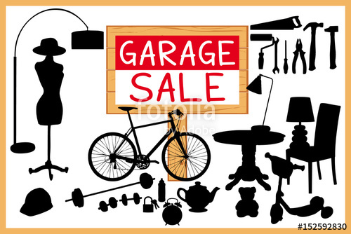 500x334 Garage Sale Illustration. Wood Sign Panel And Homerelated Items