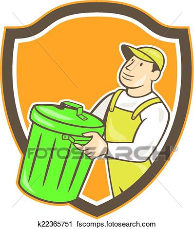398x470 Clipart Of Garbage Collector Carrying Bin Shield Cartoon K22365751