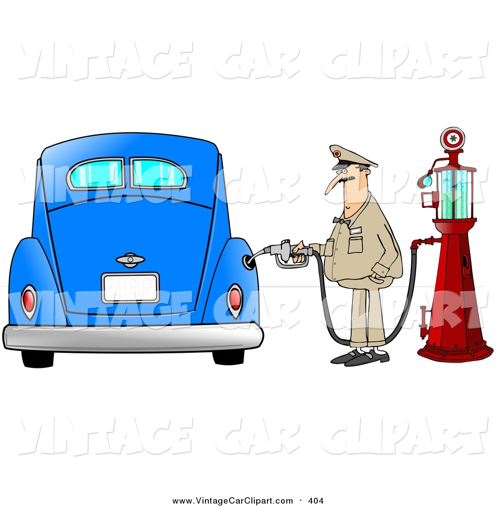 1024x1044 Clipart Of A White Male Attendant Pumping An Antique Blue Car