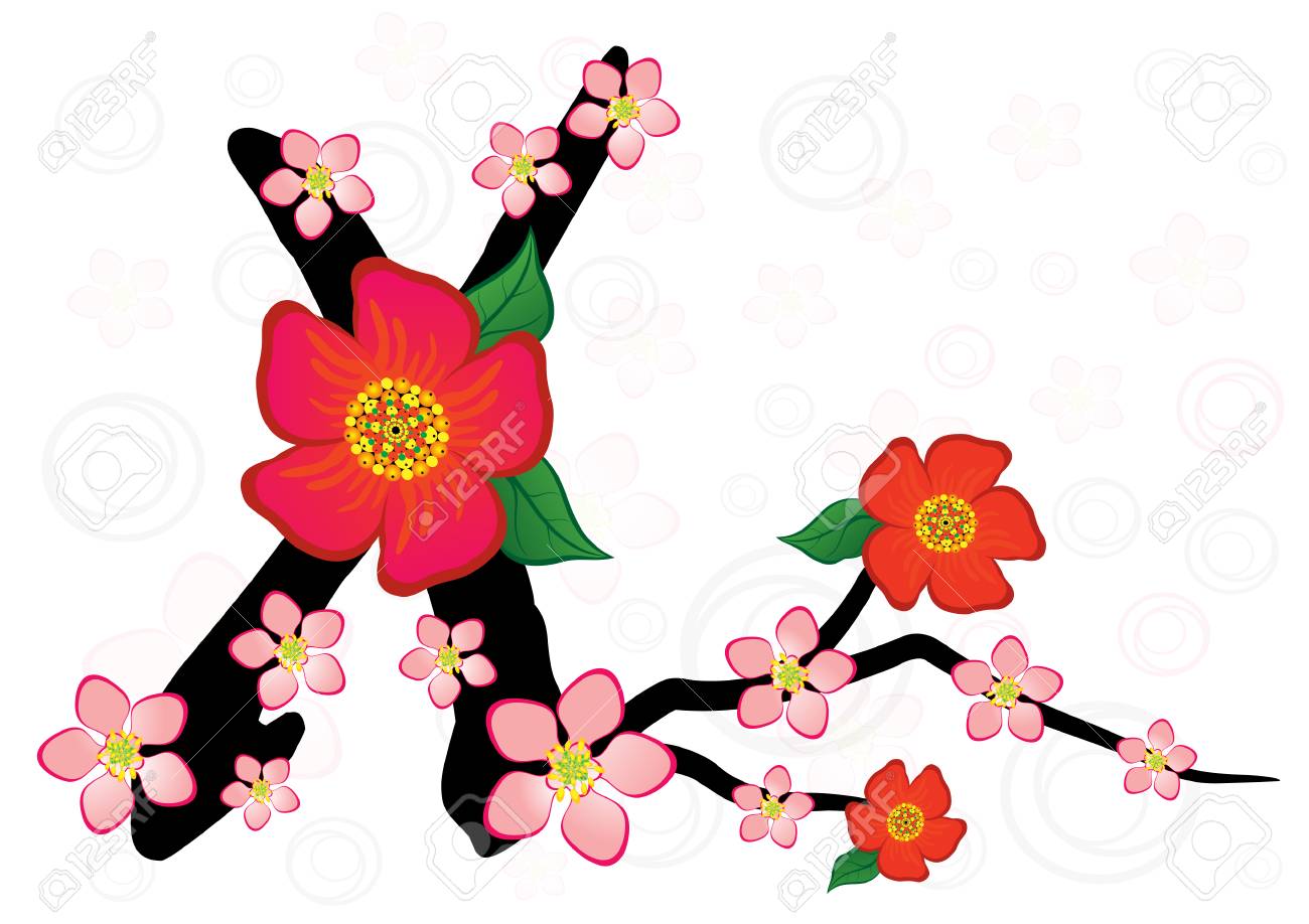 1300x918 Alphabet With Gentle Sakura Flowers. Letter X Royalty Free