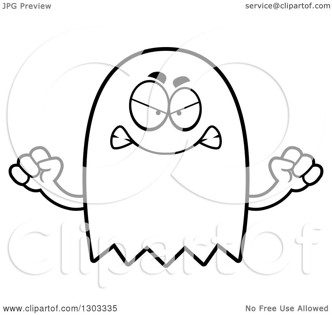 1080x1024 Outline Clipart Of A Cartoon Black And White Angry Ghost Character
