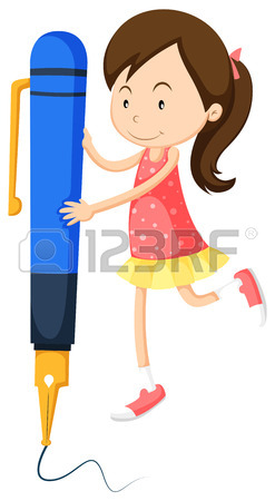 247x450 Little Girl Writing With Giant Pen Illustration Royalty Free