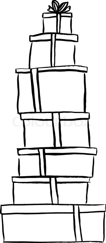 349x800 Stack Of Christmas Gifts. Ink Outline Hand Drawn Sketch Isolated