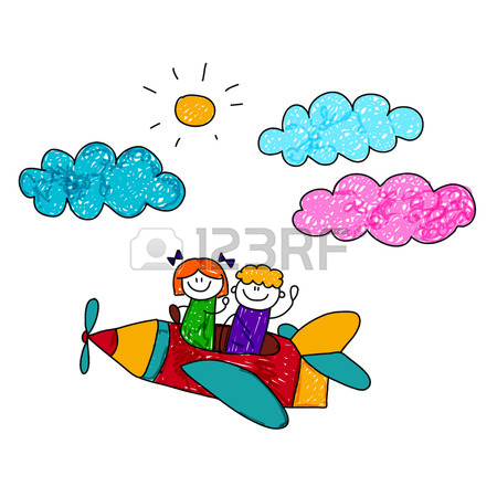 450x450 Happy Boy And Girl Fly In Pencil Airplane. Kids Drawing Royalty